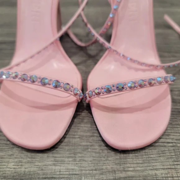 Piferi Satin Vegan Leather Ankle Wrap Stylish Pink Rhinestone Heels Size 37 Or 7 - Picture 13 of 14